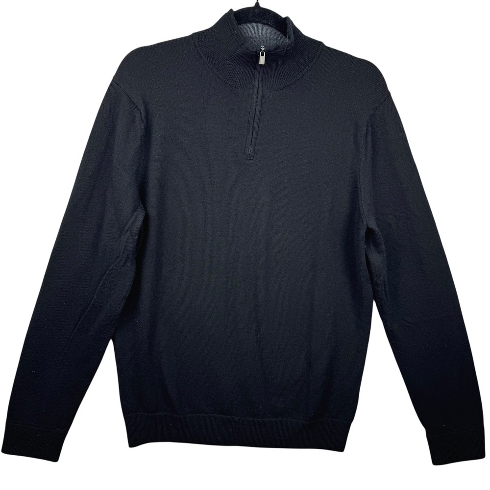 Nordstrom‎ Sweater Medium Mens Black 100% Washable Merino Wool Quarter Zip
